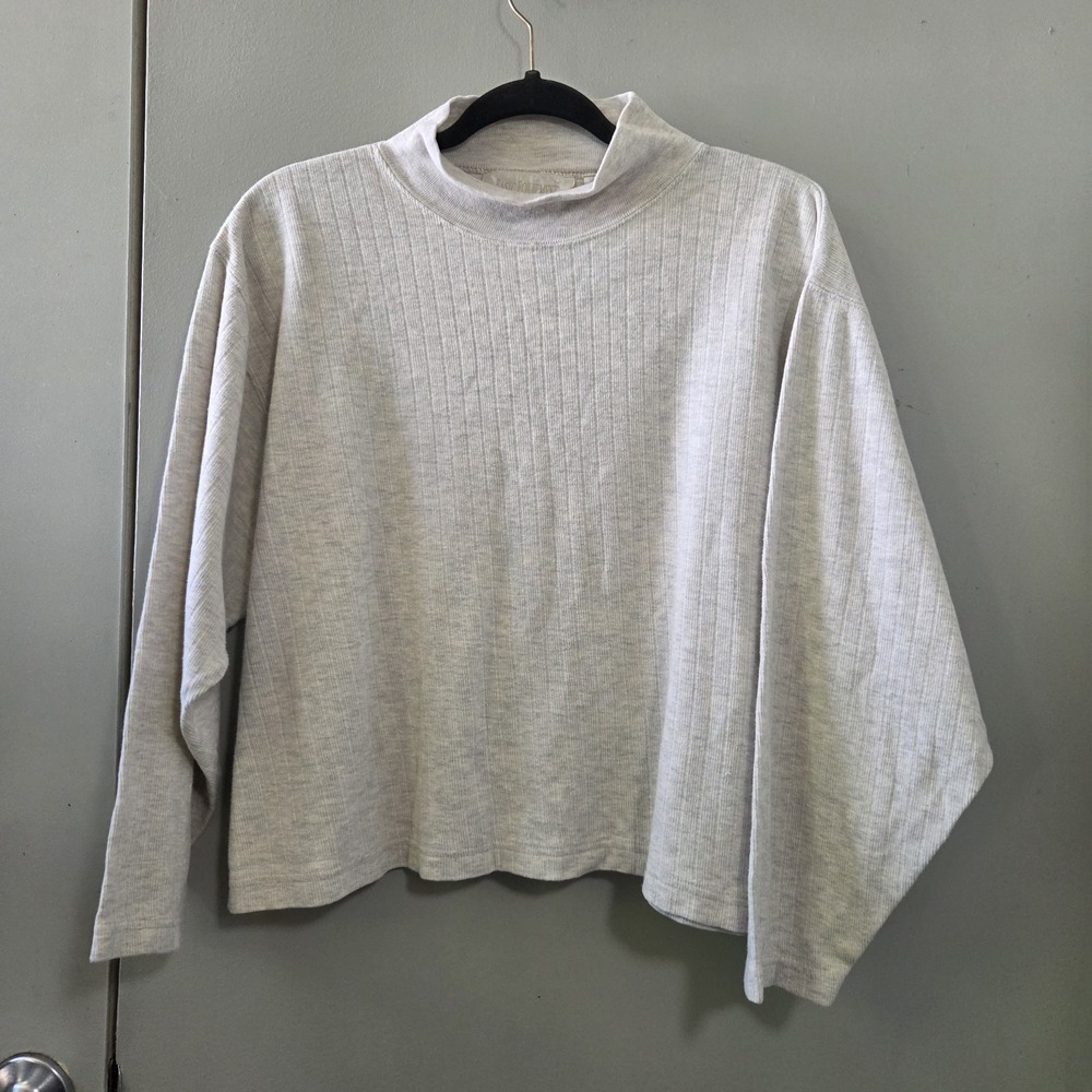 Vtg 90s L Beige Crop Sweater Oversized Boxy Rib Knit Mock Neck Lagenlook Cotton